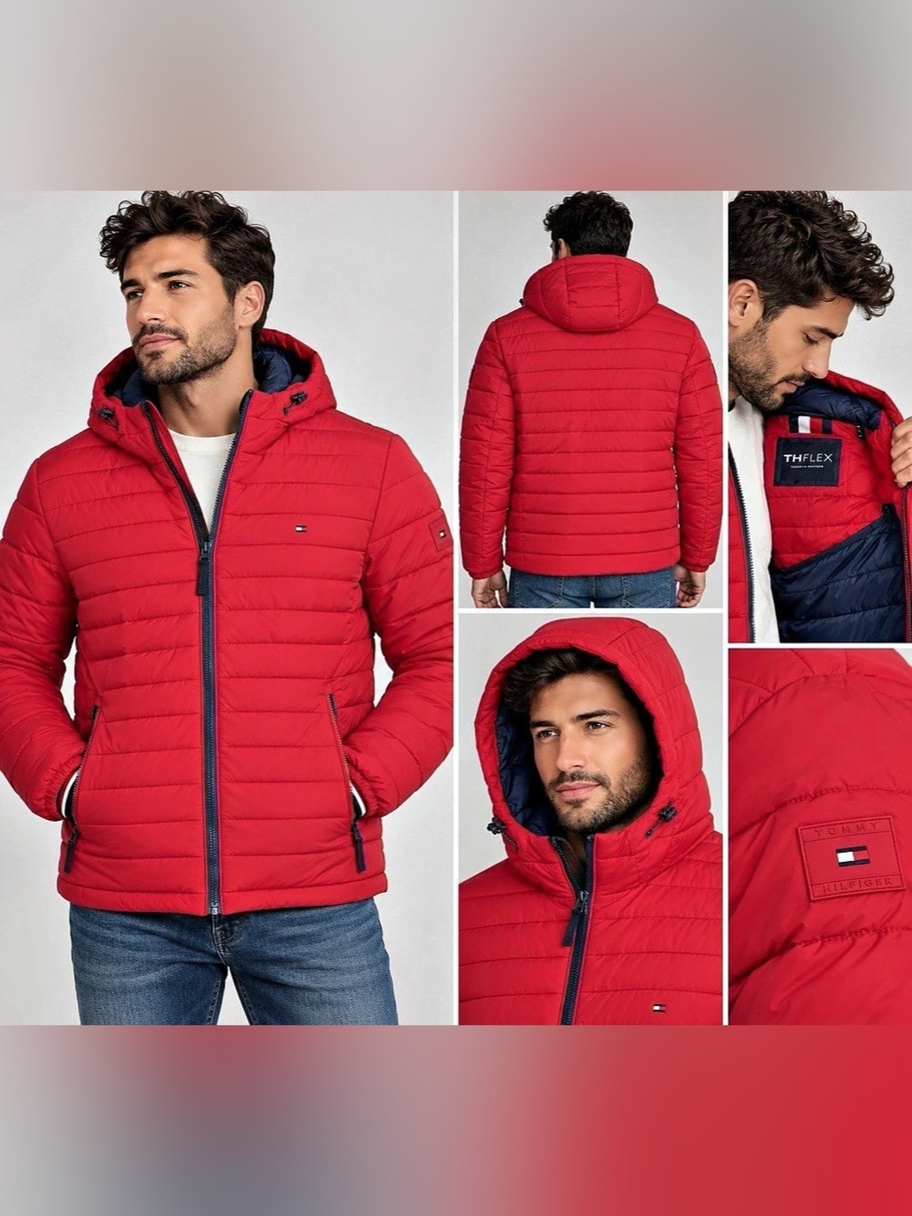 Tommy Hilfiger TH Flex Men’s XXL Red Quilted Hooded Puffer Jacket Full Zip